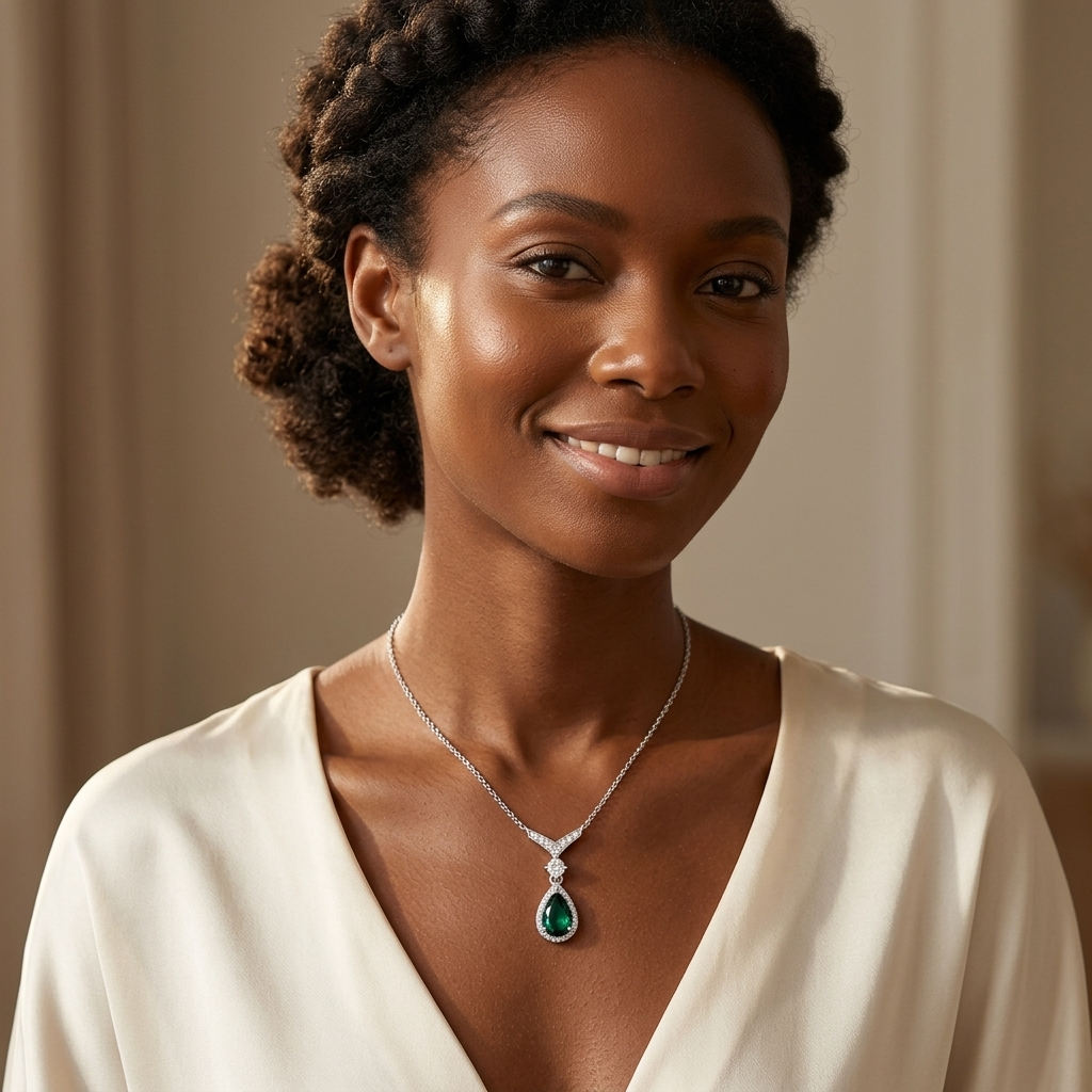 Verdi Emerald Necklace on Black model editorial