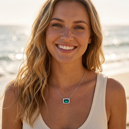 Smeraldo Halo Necklace on American model California coastal