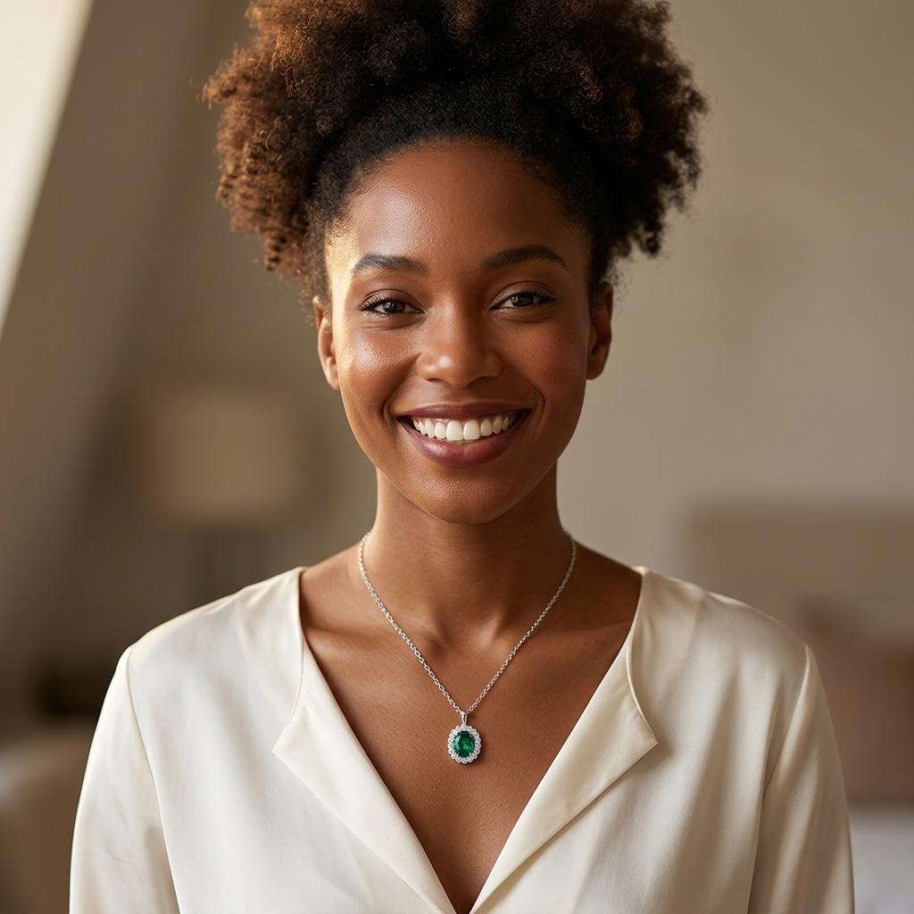 Diana Oval Halo Necklace on Black model with afro puff