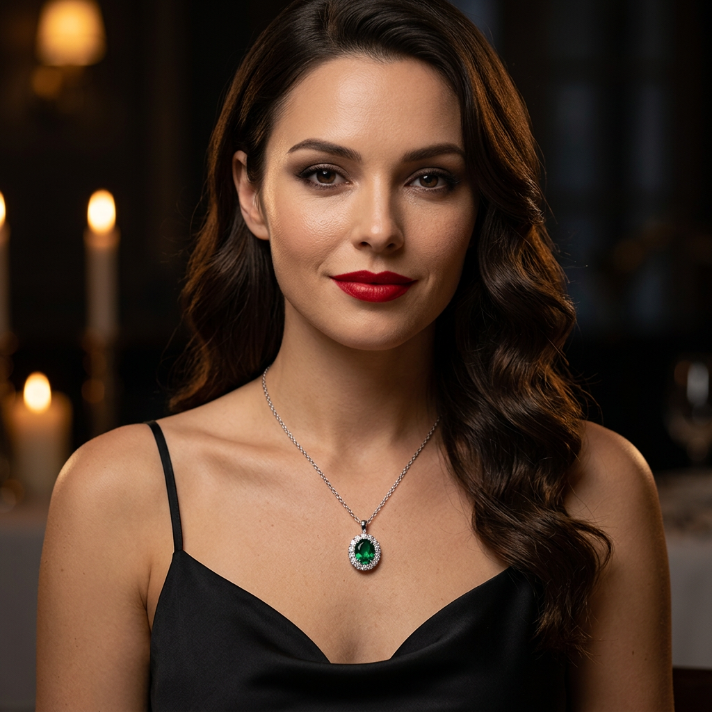 Diana Oval Halo Necklace evening black silk dress