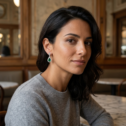 Emerald Green Double Halo Drop Earrings worn by Italian model at Milanese café