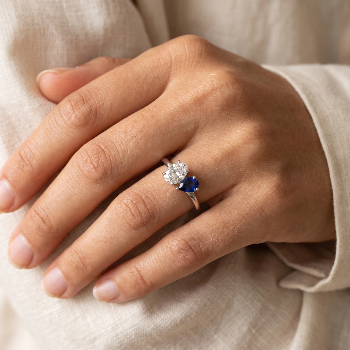 Diamond Ring | Lab Grow Diamond 18K Toi Et Moi & Sapphire | Two Stone Engagement Ring