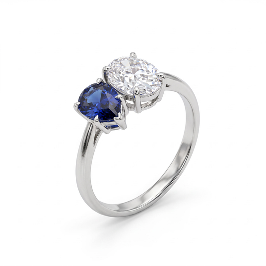 Diamond Ring | Lab Grow Diamond 18K Toi Et Moi & Sapphire | Two Stone Engagement Ring