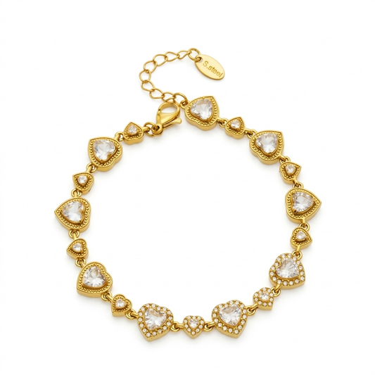 Crystal Heart Charm Bracelet 18K Gold - White Background